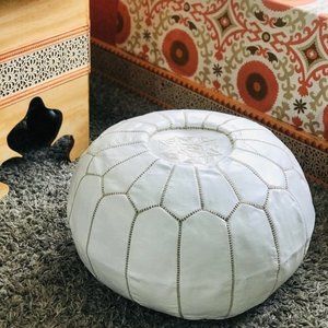 White embroidered Round Moroccan handmade pouf